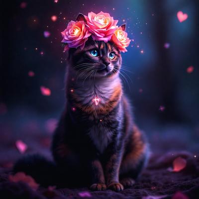The primary subject of the image is a cat with a floral crown on its head. The cat is sitting on a bed, surrounded by a pink and purple color scheme. The visual style of the image is a digital art or illustration, creating a whimsical and playful atmosphere.